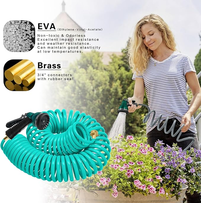 Coil Hose 25FT EVA Coil Garden Hose With 3/4'' Brass Connector Coiled Water Hose Lightweight And No Kink Includes 7 Patterns Spray Nozzle For Outdoors Lawn Watering Car Washing