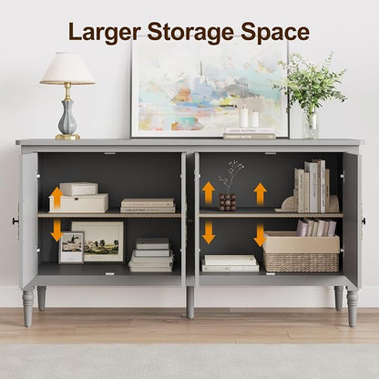 RoyalCraft 118" Buffet Cabinet with Storage, Vintage Sideboard with Adjustable Shelves, Mid Century Modern Painted Credenza Coffee Bar for Kitchen, Dining Room, Entryway, Living Room, Dove Gray