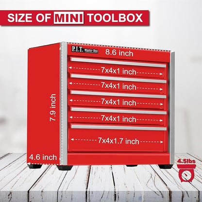 P.I.T. Mini Steel Tool Box,3 Drawer and 5 Drawer Stackable Toolbox with Magnetic Tab Locking,Red