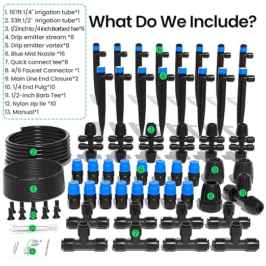 MIXC 230FT Quick-Connect Drip Irrigation System Kit, Automatic Garden Watering System with 1/4" & 1/2" Fast-Lock Tubing - Adjustable Nozzles & Sprinklers for Garden, Greenhouse, Lawn, Potted Plants