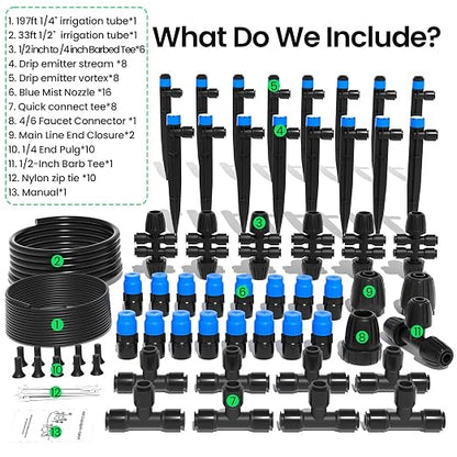 MIXC 230FT Quick-Connect Drip Irrigation System Kit, Automatic Garden Watering System with 1/4" & 1/2" Fast-Lock Tubing - Adjustable Nozzles & Sprinklers for Garden, Greenhouse, Lawn, Potted Plants