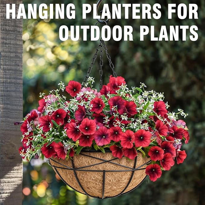 2 Pack 18 Inch Extra Large Deep Hanging Baskets for Plants Outdoor Metal Hanging Planters Flower Pots with Coco Liners Black Hanging Plant Holder for Porch Balcony Garden Planting