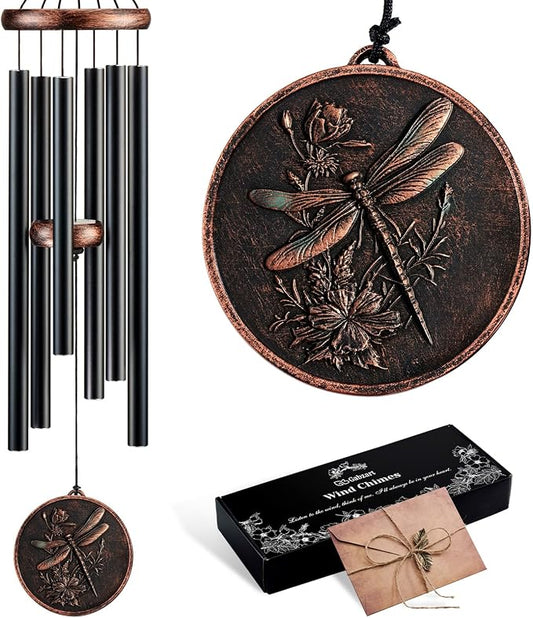 34" Dragonfly Wind Chimes for Outside, Deep Tone Garden Decor | Deep B tones, adjustable striker, weather-resistant finish, double-sided dragonfly, gift boxed and ready to hang
