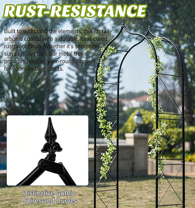 Metal Garden Arbors 8Ft Thickened Arch Trellis for Climbing Plants | Outdoor Arbor Rustproof Metal Frame Trellises Grapes Rose Yard Entrance Wedding Arched Backdrop Stand Party Event Decoration
