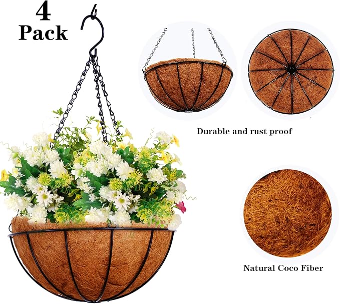 Hanging Planters Basket Outdoor Indoor(14 inch 4 Pack)-Coconut Coir Hanging Baskets for Plants Outdoor,Metal Wire Baskets with Coco Liner Window Box Planters, Hanging Flower Pots for Railings