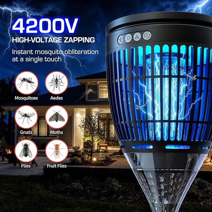 Solar Bug Zapper Outdoor, Mosquito Zapper with Flame & Projector Light Cordless Waterproof, Auto On/Off, Mosquito Trap Solar Powered, 4200V Electric Fly Zapper Killer for Patio Yard Camping Garden