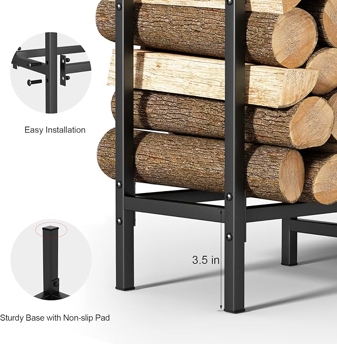 CADUKE 4ft Firewood Rack with Cover, Outdoor Firewood Log Rack for Fireplace, Indoor Firewood Storage, Heavy Duty Fire Wood Stand, Black