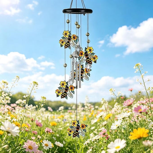 27'' Memorial Bee Wind Chimes with Crystals for Outside,Garden Patio Decor | Sympathy & Memorial Gift,Handcrafted Bee Design,Durable Indoor/Outdoor Decor,Thoughtful Gift for Mom/Grandma,Easy-to-Hang