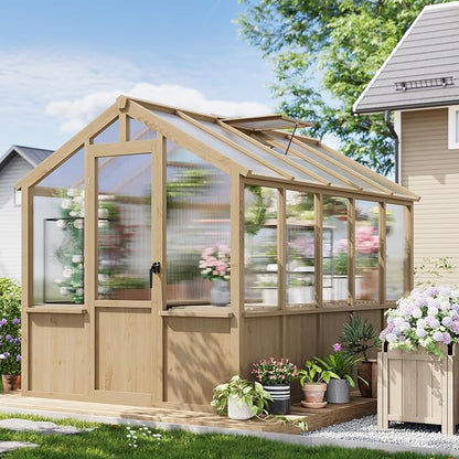 Garvee 6x10 FT Wooden Greenhouse - Walk-in Greenhouses for Outdoors, Large Spruce Frame Green House with PC Panels, Adjustable Roof Vents & Lockable Door, Green Houses for Garden,Backyard,Patio,Lawn