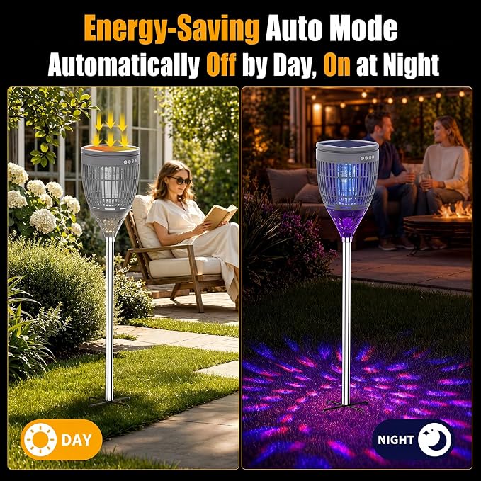Rossetta Solar Bug Zapper Outdoor, Fly Zapper with Flame & Projector Light | 4200V Shock Grid, Solar & USB Charging, IPX5 Waterproof, Auto Mode, Cordless Electric Mosquito Killer for Patio, Garden