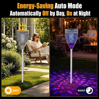 Rossetta Solar Bug Zapper Outdoor, Fly Zapper with Flame & Projector Light | 4200V Shock Grid, Solar & USB Charging, IPX5 Waterproof, Auto Mode, Cordless Electric Mosquito Killer for Patio, Garden