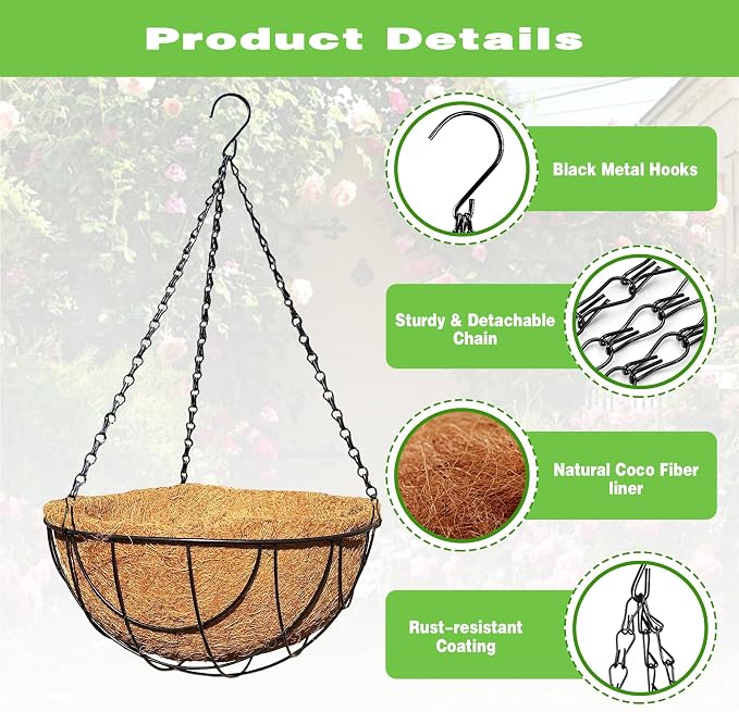 4 Pack 12 Inch Black Metal Hanging Basket Hanging Planter with Coco Coir Liner Heavy Duty Hanging Flower Pot Holder for Indoor Outdoor Patio Garden Porch Balcony Decor (Earth)