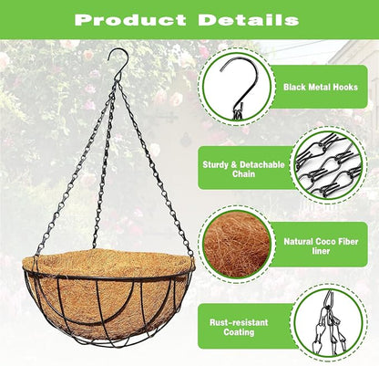 4 Pack 12 Inch Black Metal Hanging Basket Hanging Planter with Coco Coir Liner Heavy Duty Hanging Flower Pot Holder for Indoor Outdoor Patio Garden Porch Balcony Decor (Earth)