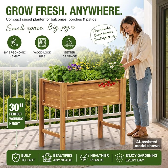 YEFU Raised Garden Bed with Legs: Compact Waterproof HDPS Outdoor Elevated Planter Box with Drainage Holes - 34x18x30 Inch for Patio/Balcony to Grow Vegetables/Herbs - 385 lbs Capacity, Teak