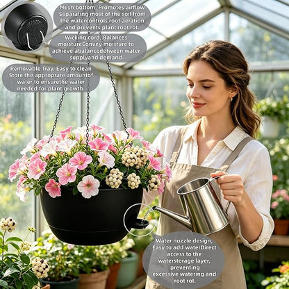2 Pack 10 Inch Self Watering Hanging Planters for Indoor Plants, Large Black Plastic Hanging Pots with Chains for Outdoor Patio Garden Home Decor (Black)