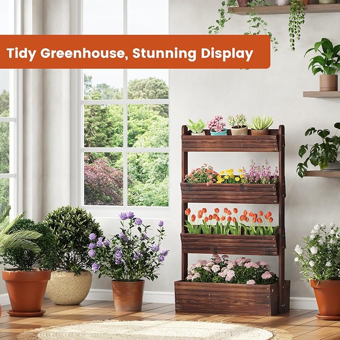 GHWIE Wooden Garden Planter Box, Raised Bed with Vertical Plant Rack, Indoor Outdoor Flower Herb Vegetable Stand (Carbonized, 4 Tier)