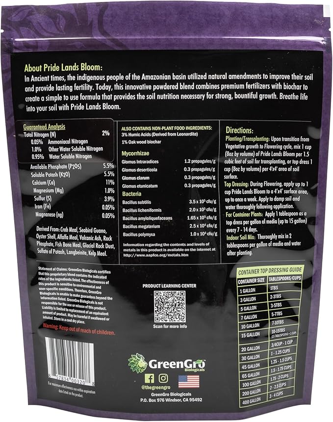 Pride Lands Premium Organic Bloom Fertilizer with NO Fillers, Bigger Buds and Flowers, Brighter Plants with Our Complete Bloom Nutrients, Recharge Soil and Boost Growth with Optimal Blend of NPK, 2 lb