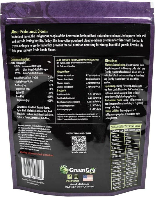 Pride Lands Premium Organic Bloom Fertilizer with NO Fillers, Bigger Buds and Flowers, Brighter Plants with Our Complete Bloom Nutrients, Recharge Soil and Boost Growth with Optimal Blend of NPK, 2 lb