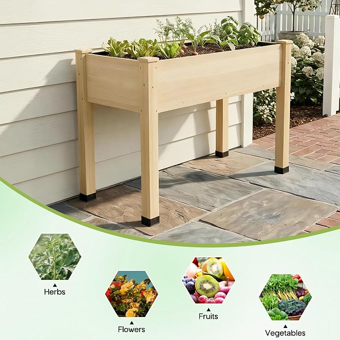 SPECRAFT 48 x 24 x 30 Inches Raised Garden Bed with Legs, 5 Cu Ft Wooden Planter Box with Drainage Holes & Liner, Outdoor Raised Garden Beds for Patio Backyard Gardening, Natural Wood Color