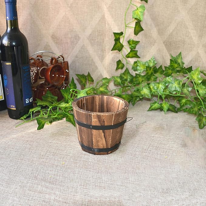2 Pcs 4.7*3.5*3.9inch/10x12x9cm Rustic Wooden Whiskey Bucket with Handle Flower Planter Plant Pots Box Container Water Wishing Well Pail Patio Garden Backyard Primitive Planter Outdoor Indoor