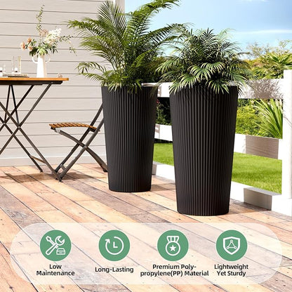 24" Black Outdoor Planter Set of 2, Tall Planters for Outdoor Plants with Drainage Hole, Large Flower Pots for Indoor Plants, Front Porch Decor/Patio, Plastic Striped