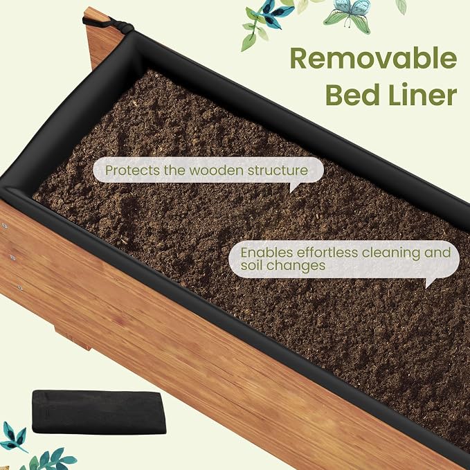 Giantex Wood Raised Garden Bed,Rectangular Planter Box w/Drainage Hole, Removable Liner for Growing Vegetable Flower Herb, Indoor Outdoor Plant Container for Backyard Deck Balcony, 44"x11"x10"