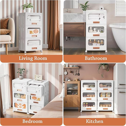 VECELO Plastic Storage Cabinet with Drawers, Stackable Storage Bins with Wheels, Waterproof Bathroom Storage Organizer, Multi-Tier Storage Drawers for Bedroom, Living Room, Kitchen, Medium 3-Tier