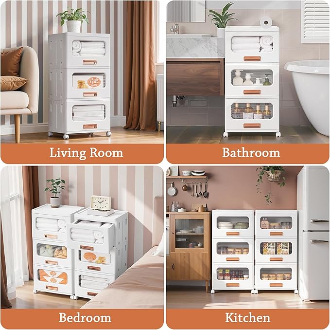 VECELO Plastic Storage Cabinet with Drawers, Stackable Storage Bins with Wheels, Waterproof Bathroom Storage Organizer, Multi-Tier Storage Drawers for Bedroom, Living Room, Kitchen, Medium 2-Tier