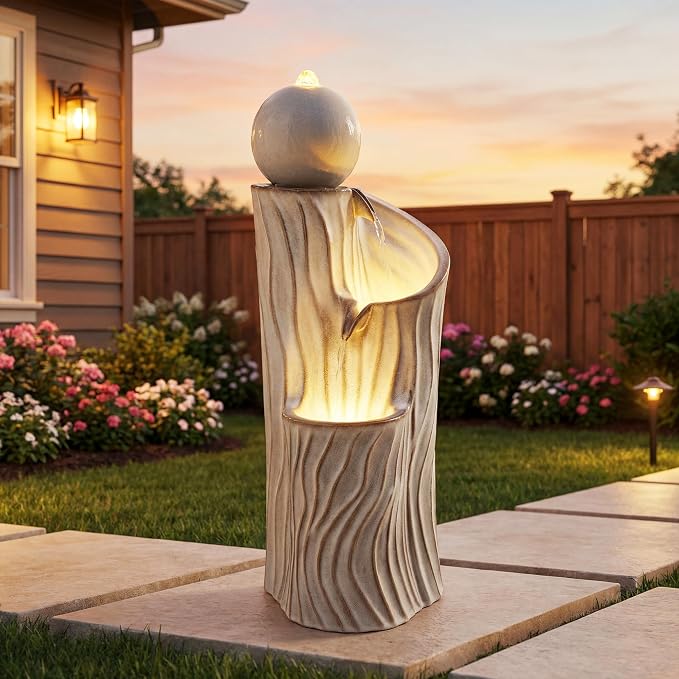 32" H Ceramic Outdoor Water Fountain with LED Lights, 3-Tier Cascading Sphere Water Feature, Tranquil Waterfall for Relaxing Garden, Patio, Yard, or Porch, Beige Glaze, Dynamic Wave-Texture
