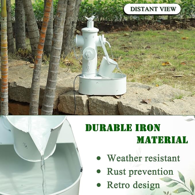 Metal Fire Hydrant Solar Water Fountain with Backup Battery | water fountain outdoor,Solar Fountain Bird Bath for Garden, Patio & Yard Decor,Working at Night for at Least 6 Hours (White)