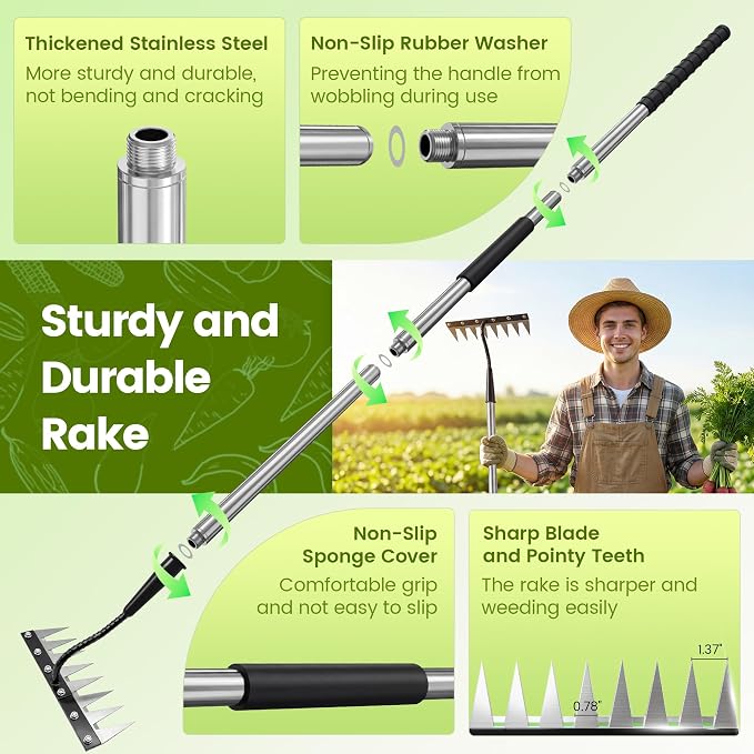 Iron Weeding Rake with Long Handle - Upgraded Rake 8 Teeth Weed Puller Tool, Heavy Duty Manual Weeder Remover Tool for Weeding, Cultivating & Soil Aeration