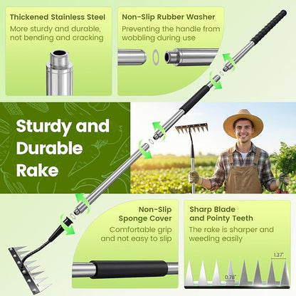 Iron Weeding Rake with Long Handle - Upgraded Rake 8 Teeth Weed Puller Tool, Heavy Duty Manual Weeder Remover Tool for Weeding, Cultivating & Soil Aeration