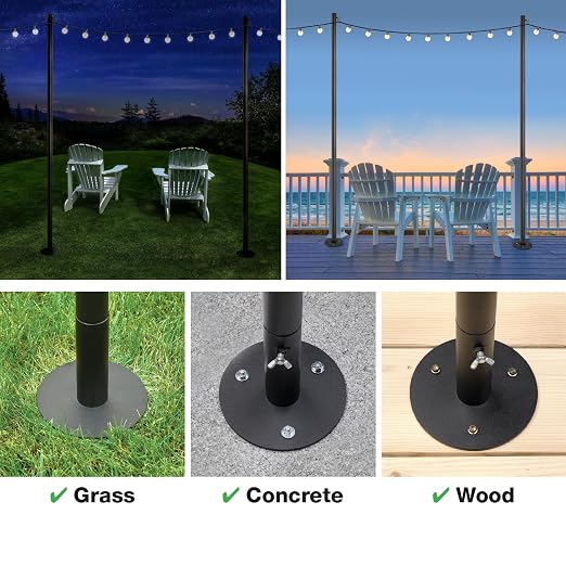 EXCELLO GLOBAL PRODUCTS Bistro String Light Poles - 4 Pack - Extends to 10 Feet - Universal Mounting Options Included with 100 ft. of G40 LED Lights (100 Lights)