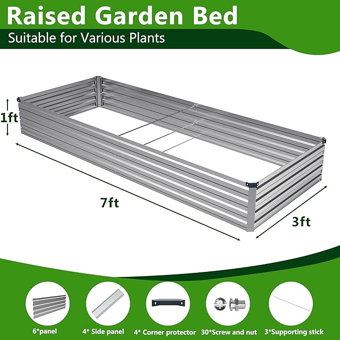 2PCS 7x3x1ft Galvanized Raised Garden Bed,Outdoor Planter Box Metal Patio Kit Planting Bed for Vegetables Flowers Herb,Silver