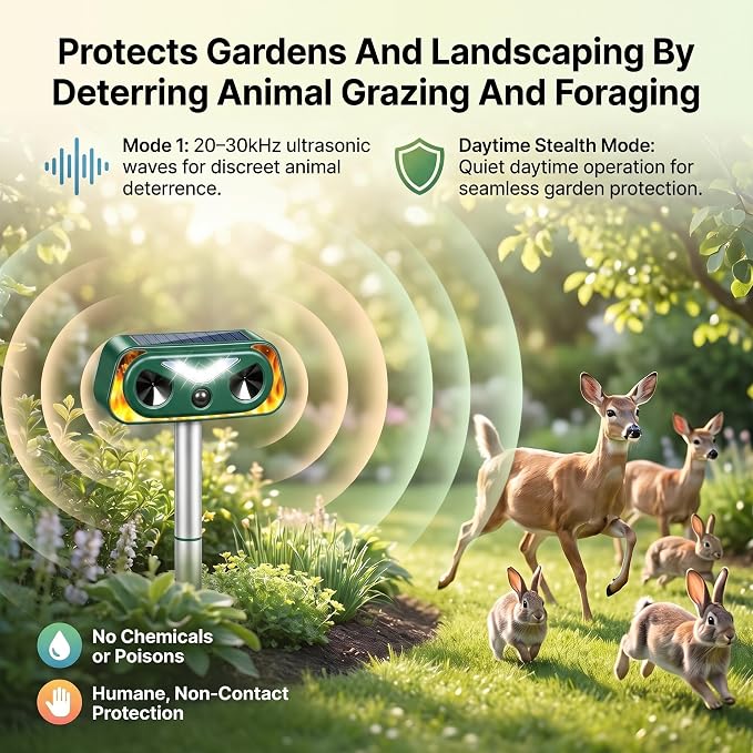 4 Pack Solar Ultrasonic Animal Repellent Outdoor, Motion Sensor Deer Repellent Device with LED Strobe Light, IP65 Waterproof Cat Squirrel Raccoon Rabbit Deterrent, Garden Yard Lawn Protection