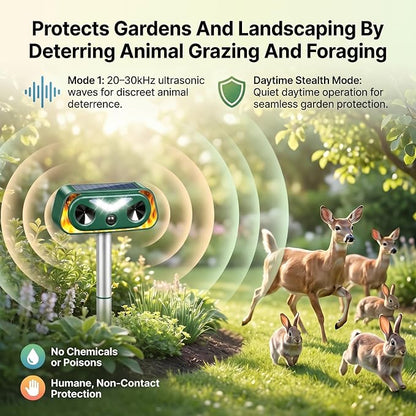4 Pack Solar Ultrasonic Animal Repellent Outdoor, Motion Sensor Deer Repellent Device with LED Strobe Light, IP65 Waterproof Cat Squirrel Raccoon Rabbit Deterrent, Garden Yard Lawn Protection