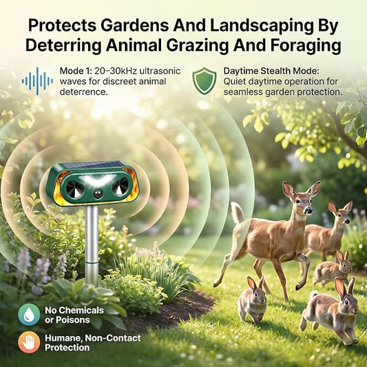 4 Pack Solar Ultrasonic Animal Repellent Outdoor, Motion Sensor Deer Repellent Device with LED Strobe Light, IP65 Waterproof Cat Squirrel Raccoon Rabbit Deterrent, Garden Yard Lawn Protection