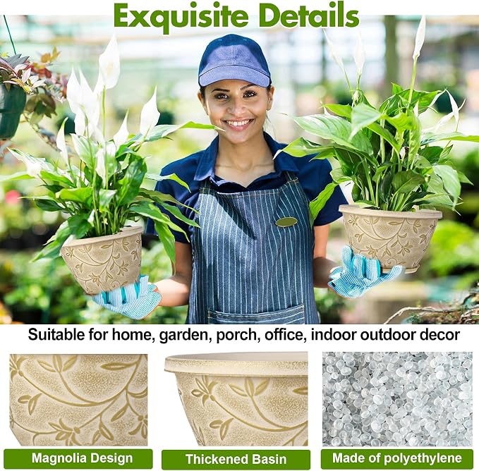 Nooulap 12 Inch Pots for Plants with Drainage, Large Plastic Flower Pots Outdoor Indoor, Decorative Planters with Gold Flower Pattern for Home, Porch, Balcony & Garden (Beige)