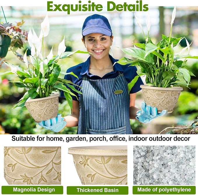 Nooulap 4 Pack 10 Inch Plant Pot with Drainage & Saucer, Plastic Flower Pots Outdoor Indoor, Beige Planters with Gold Flower Partten, for Patio, Garden Home Decor