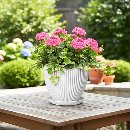 8 Inch Plant Pot, Ceramic Planters for Indoor Plants, Round Pots for Plants with Drainage Hole and Saucer, Modern Decorative Flower Pots, Office Bedroom Decor, Gifts for Plant Lovers, White