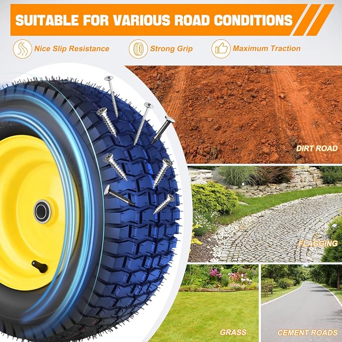 Yesker 16x6.50-8 Pneumatic Lawn Mower Tire and Wheel with 3/4" Bearing Bore, 16x6.50-8nhs Rubber Riding Lawnmower Tires with 3" Center Hub, 2 Pack