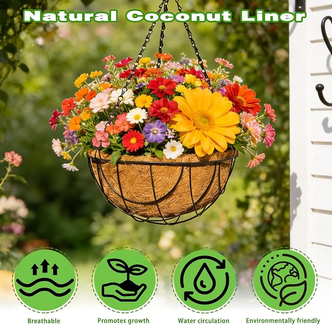 4 Pack 12 Inch Black Metal Hanging Basket Hanging Planter with Coco Coir Liner Heavy Duty Hanging Flower Pot Holder for Indoor Outdoor Patio Garden Porch Balcony Decor (Earth)