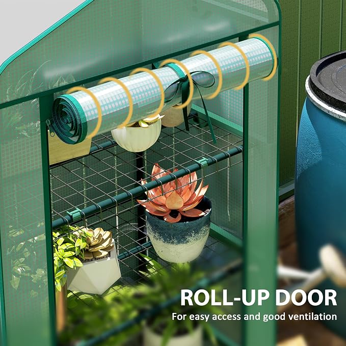 Outsunny 4 Tier Mini Greenhouse with Screen Roof, 27.6" x 19.7" x 62.2", Portable Small Greenhouse with High Strength PE Cover, Roll-Up Zipper Door for Garden Yard Backyard, Green