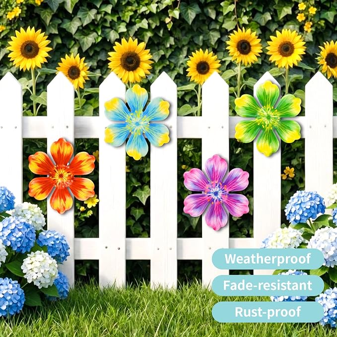Junware 4Pcs Metal Flower Decor, 6.2" Outddoor Metal Wall Art Hanging Decoration for Garden Fence Yard Living Room Patio Backyard, Metal Flowers for Outside
