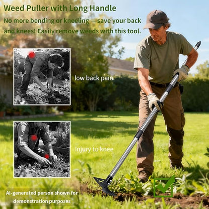 Weed Puller Tool with Long Handle, Heavy Duty 2 in 1 Manual Weed Rake and Garden Hoe, 58 Inch Multi Functional Weed Remover Weeding Tool, Gardening Weeder Tools for Yard, Lawn, Patio, Garden