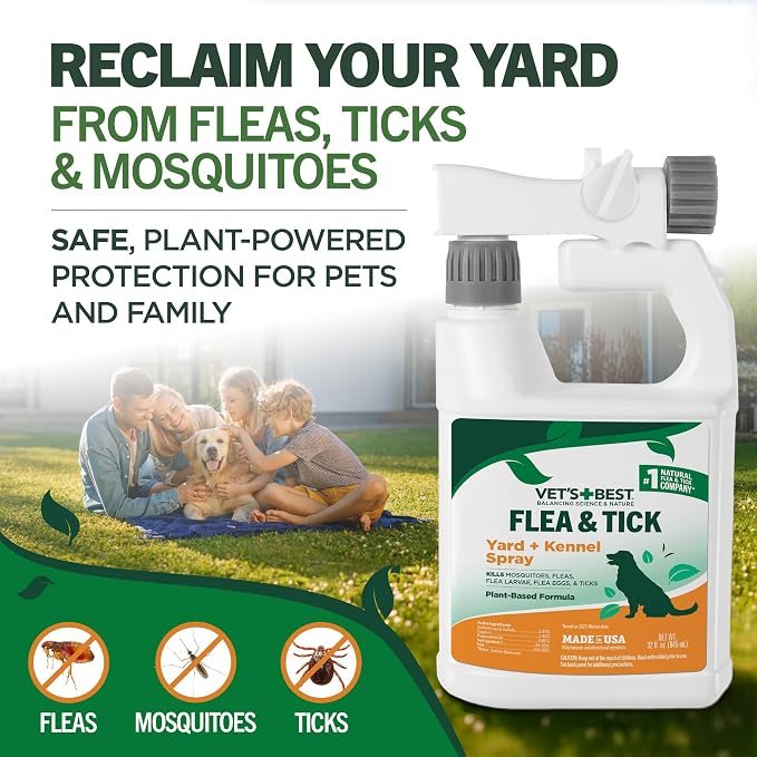 Vet's Best Flea and Tick Yard and Dog Kennel Spray, Mosquito Repellent with Certified Natural Oils, Plant Safe with Ready-to-Use Hose Attachment, Flea and Tick Prevention for Dogs, 32 oz