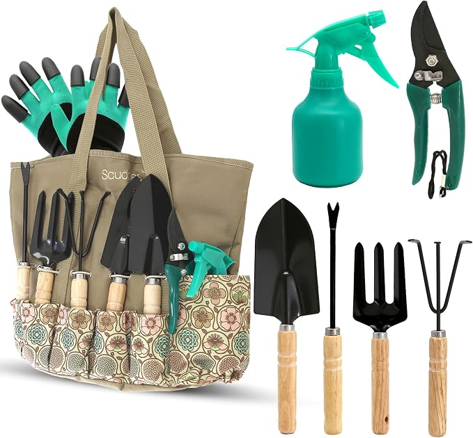 Scuddles All-in-One Garden Tool Kit with Tote Bag and Claw Garden Gloves | Stainless steel hand tools, claw gloves and reinforced tote for planting, pruning, digging and garden maintenance