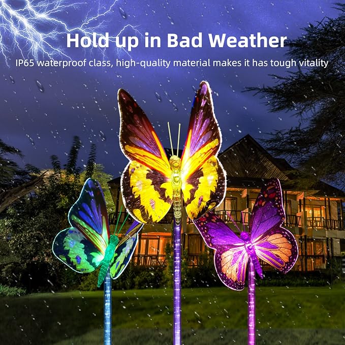 Upgraded Outdoor Solar Garden Lights - 3 Pack Solar Butterfly Decoration Lights - 7 Color Changing LED Waterproof Solar Stake Lights for Garden, Patio, Yard, Lawn, Walkway Decoration