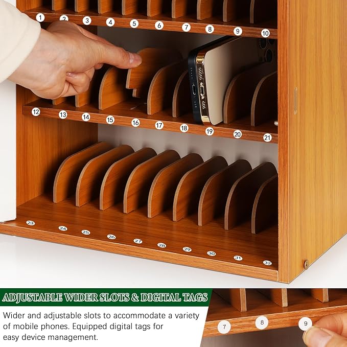 Echaprey Cell Phone Holder Classroom Adjustable 33 Slots Pocket Chart Wooden Cell Phone Storage Cabinet with Handle and Lock Desktop Cell Phone Holder for Classroom Office (Cherry)