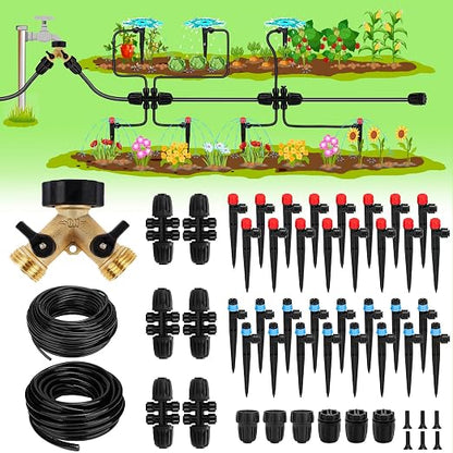 250FT Drip Irrigation System for Garden - 50FT 1/2" Main Tube & 200FT 1/4" Branch Tubing, Brass Splitter, Quick Connect Design, Perfect for Outdoor Plants, Raised Beds, Greenhouses